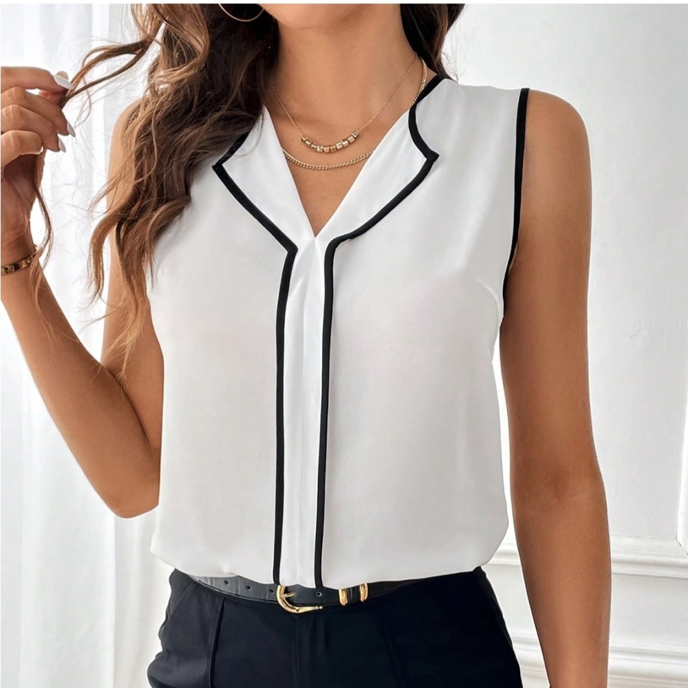 White Blouse Black Trim V-Neck Sleeveless Blouse Office Top Shirt